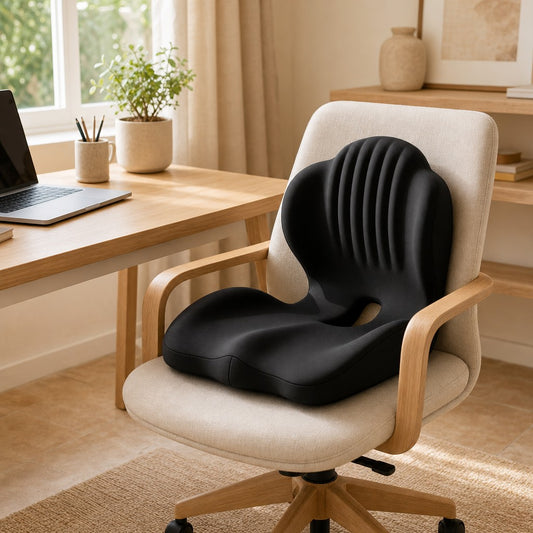 Cojín ergonómico Siestín con respaldo lumbar sobre una silla de oficina