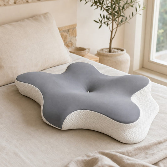Almohada mariposa cervical Siestín sobre una cama con sábanas de lino